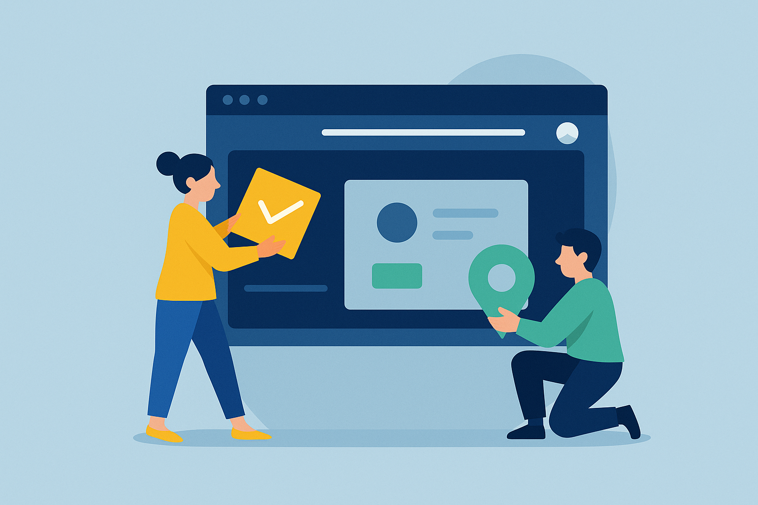 Illustration: two people making a complex digital task simple in front of a screen